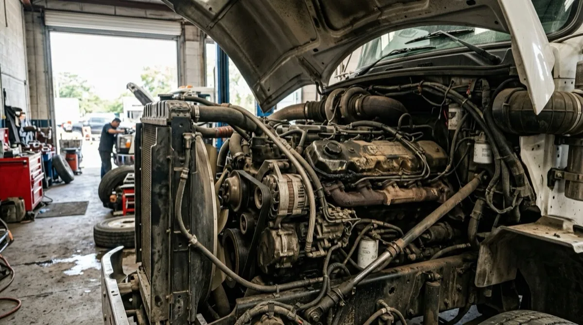 Motor diésel de tractocamión abierto en taller para servicio preventivo