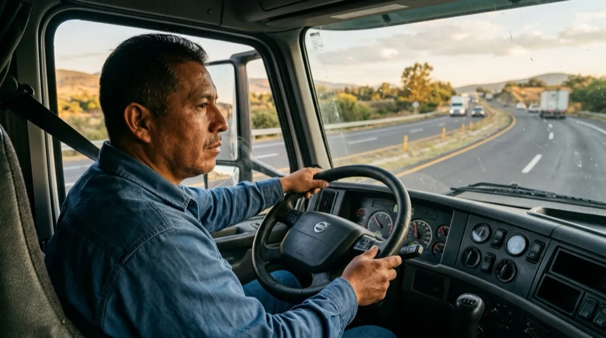 Operador de tractocamión conduciendo con ambas manos en el volante