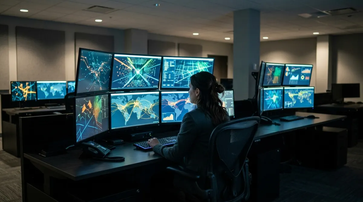 Centro de monitoreo de flotas con mapa interactivo y pantallas