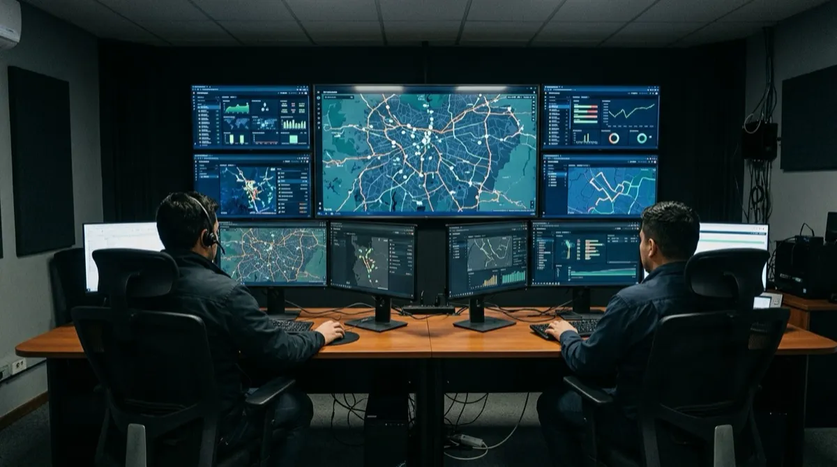 Sala de monitoreo de flotas con mapas y tableros de datos en pantalla