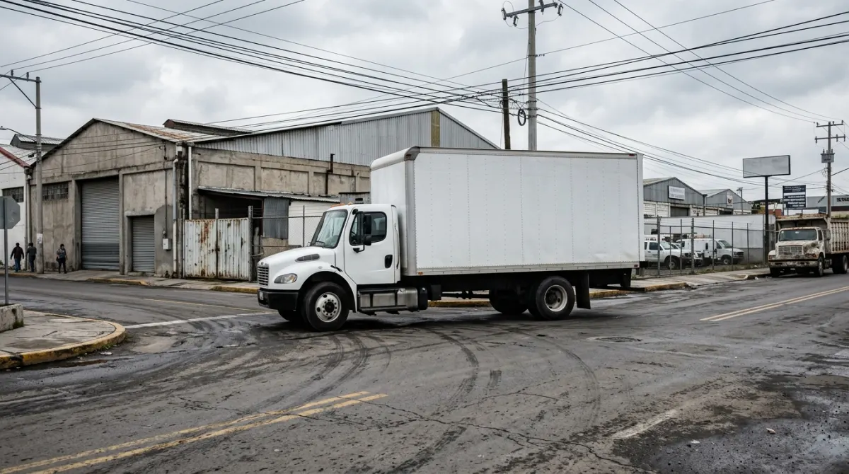 Camión de reparto entregando mercancía en zona urbana