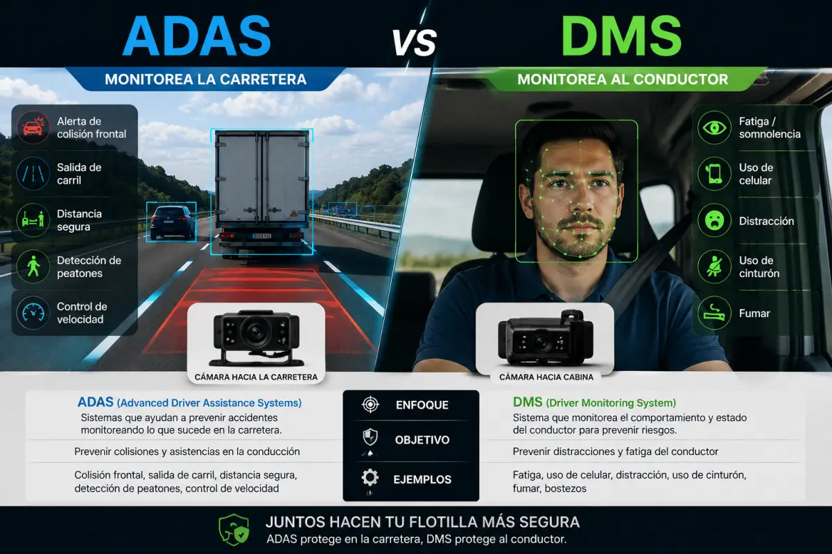 ADAS vs DMS: cámaras que vigilan el exterior del camino y el interior de la cabina