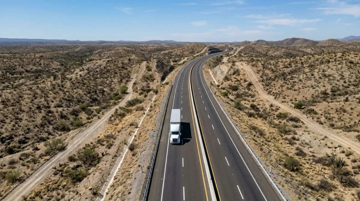 Vista aérea de un tractocamión avanzando por una carretera de cuota