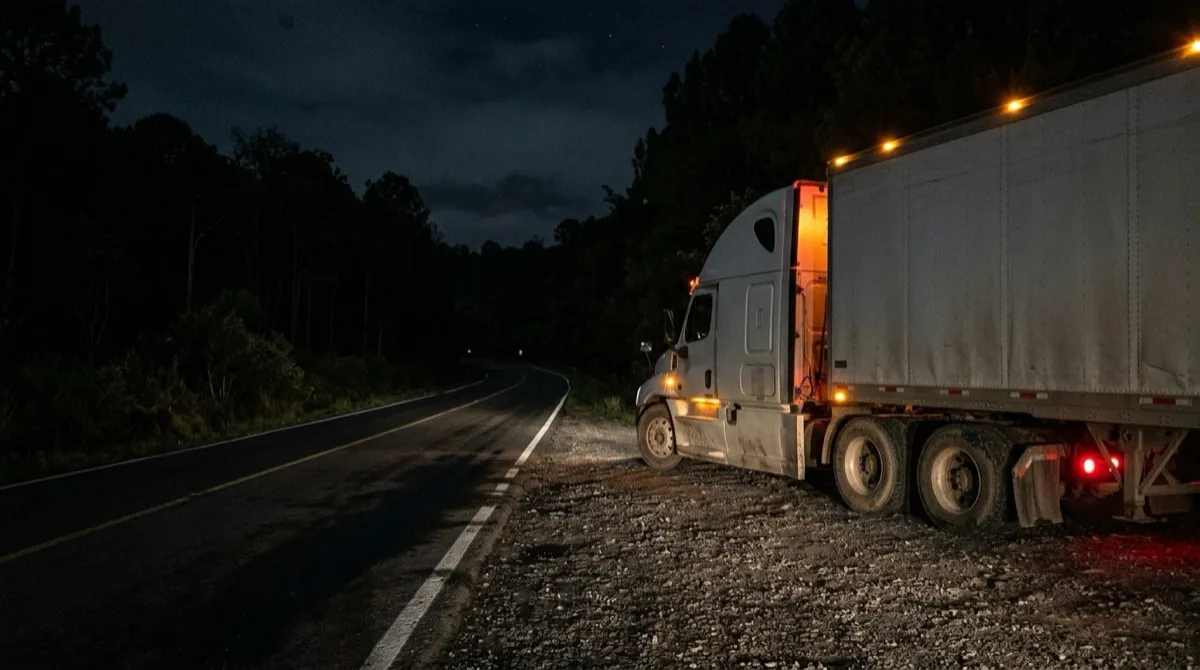Tractocamión detenido de noche en el acotamiento de una carretera