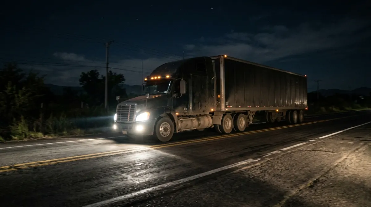 Tractocamión circulando de noche por carretera nacional