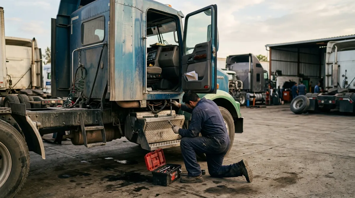 Ingeniero revisando conexiones telemáticas en la cabina de un camión